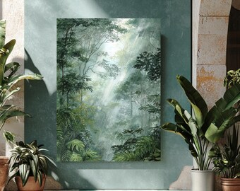 Misty Rainforest Watercolor Print, Ethereal Jungle Wall Art (Framed Canvas)