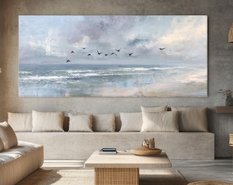 Minimalistische Strand Leinwand Kunst, Vögel fliegen über das Meer, Küstenwand dekor