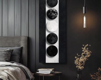 Minimalist Moon Phases Oil Painting, Vertical Planet Wall Art, Black and White Celestial Canvas Print, Modern Space Framed Art, Lunar Decor