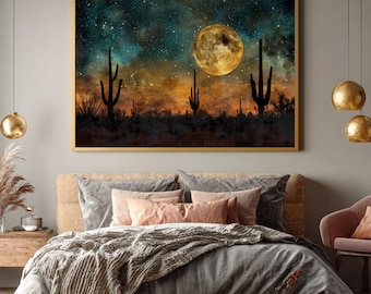 Desert Night Moonrise Wall Art, Celestial Saguaro Cactus Poster, Mystical Southwest Print