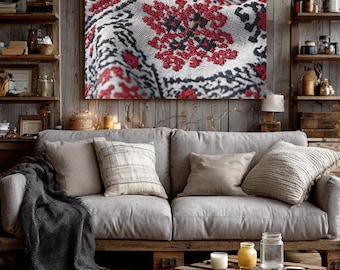 Palestinian Tatreez Geometric Embroidery Canvas Print, Red Black White Textile