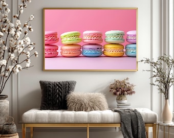 Colorful Macaron Wall Art Rainbow Pastel Dessert Canvas Print French Patisserie Kitchen Decor Framed Bakery Poster Sweet Treats Foodie Gift