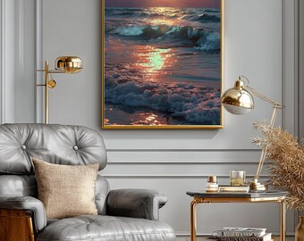 Mystical Ocean Waves Sunset Canvas Art, Bioluminescent Sea Decor, Coastal Painting, Beach House Wall Decor