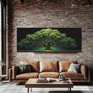May include: A large rectangular canvas print of a tree with a full, green canopy against a dark background. The artwork hangs above a brown leather sofa with pillows, a wooden coffee table, and a brick wall.