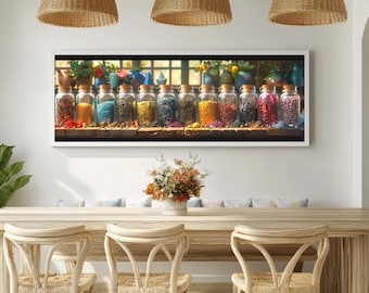 Colorful Tea Spice Jars Canvas Wall Art Print Kitchen Decor Framed Rustic Pantry Botanical Still Life Vibrant Herb Market Wall Decor