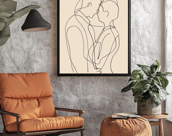 Minimalist Couple Line Art Canvas, Romantic Embracing Print, Beige Abstract Wall Decor