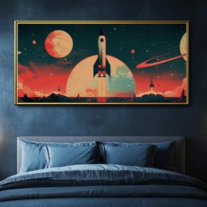 May include: A framed art print depicting a retro-style space scene. A rocket launches from a planet's surface, with other planets and a ringed planet in the background. The color palette includes red, orange, teal, and gold.