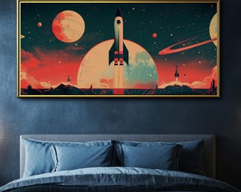 Retro 1970s Sci-Fi Space Travel Poster, Vintage Rocket Launch Panoramic Wall Art, Mid Century Modern Space Decor, Large Framed Canvas Print