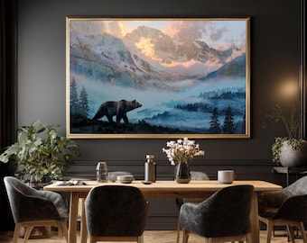 Majestic Grizzly Bear Mountain Sunrise Wall Art, Wilderness Landscape Canvas Print, Foggy Forest Framed Art, Rustic Nature Cabin Wall Decor
