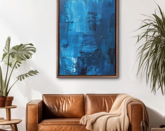 Abstract Blue Textured Painting, Navy Palette Knife Canvas Print, Minimalist Office Decor