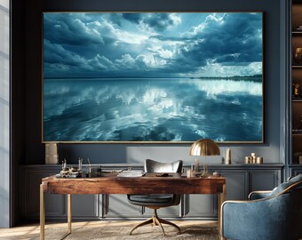Dramatic Stormy Lake Canvas Wall Art Moody Blue Clouds Reflection Print Teal Landscape Decor Framed Nature Photography Large Wall Art