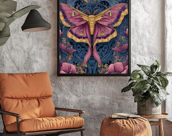 Mystical Moth Canvas Print, Witchy Floral Moonlight Wall Art