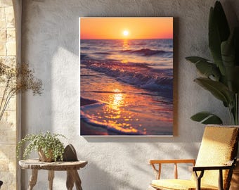 Vivid Beach Sunset Poster, Golden Sun Ocean Waves, Coastal Wall Art, Nature Photography Print