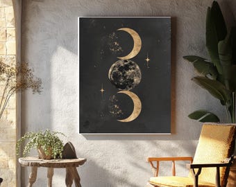 Gold Moon Phases Oil Painting, Celestial Black and Gold Wall Art, Modern Lunar Canvas Print, Mystic Space Home Decor, Framed Astronomy Art