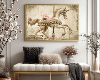 Vintage Carousel Unicorn Canvas Art, Retro Fairground Horse Wall Decor, Antique Carnival Poster, Shabby Chic Nursery Art, Framed Canvas Art
