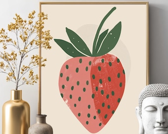 Strawberry Wall Art Minimalist Fruit Illustration Canvas Print Red Kitchen Decor Boho Fruit Poster Retro Dining Room Framed Art Decor