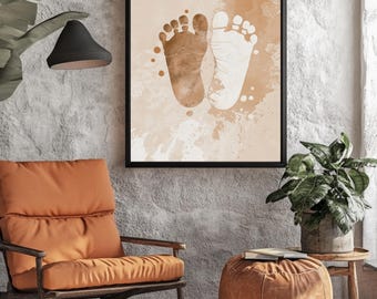 Baby Footprints Nursery Wall Art, Personalized Birth Stats Canvas, Boho Neutral Newborn Gift, Framed Baby Feet Art Print for Nursery Decor