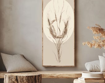 Minimalist Wheat Wreath Wall Art, Farmhouse Neutral Beige Canvas Print, Rustic Harvest Grain Illustration, Botanical Framed Wall Decor