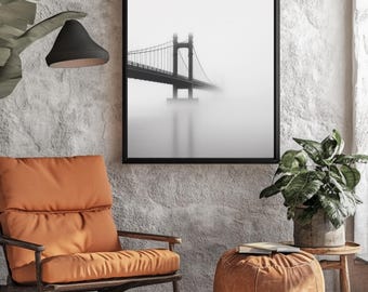 Minimalist Bridge Fog Wall Art, Black White Silhouette Canvas Print, Modern Monochrome Decor