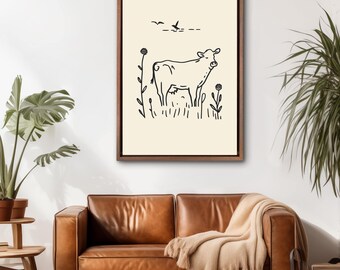 Minimalist Cow Line Art Canvas, Farmhouse Sketch Wall Decor, Modern Country Animal Illustration, Neutral Beige Framed Wall Art for Kitchen