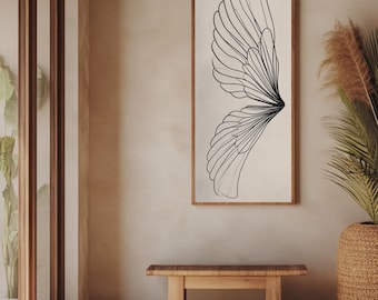 Minimalist Wings Line Art Print, Abstract Scandinavian Poster, Black White Home Decor