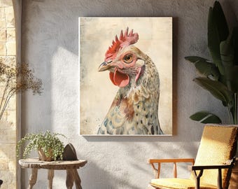 Rustic Watercolor Hen Canvas Art, Farmhouse Chicken Portrait Wall Decor, Country Kitchen Framed Canvas, Vintage Animal Art, Earthy Decor
