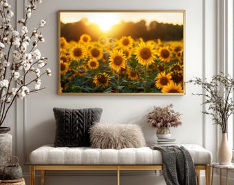 Sunflower Field at Golden Hour Canvas Art, Yellow Floral Farmhouse Wall Decor, Rustic Summer Landscape Framed Canvas, Botanical Home Decor