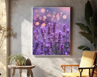 Dreamy Lavender Field Canvas Art, Ethereal Floral Photography, Farmhouse Bedroom Decor (Framed Canvas)