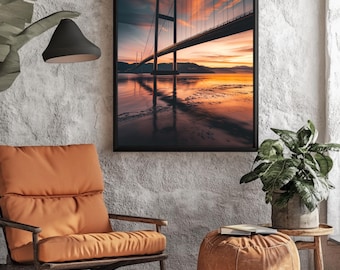 Golden Hour Suspension Bridge Wall Art, Sunset Landscape Canvas Print, Warm Orange Sky Decor, Modern Architectural Framed Canvas Art