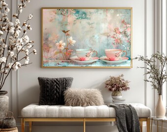 Vintage Teacup Canvas Wall Art Shabby Chic Floral Print Pastel Tea Party Decor Pink Blue Kitchen Wall Art Framed Botanical Tea Lover Gift