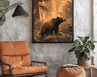 Rustic Brown Bear in Misty Pine Forest Canvas Wall Art, Wildlife Nature Illustration, Woodsy Cabin Decor, Framed Mountain Landscape Print