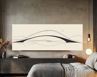 Minimalist Line Art Bridge Wall Art, Abstract Landscape Canvas Print, Cream Black Home Decor, Modern Art Print, Geometric Sun Design
