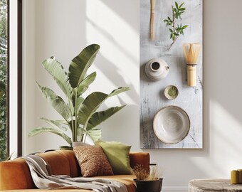 Minimalist Matcha Tea Ceremony Wall Art, Zen Japanese Tea Ceremony Canvas Print, Wabi Sabi Kitchen Decor, Matcha Whisk Framed Art Poster