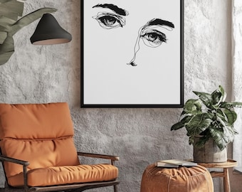 Minimalist Eye Line Art Canvas, Continuous Line Face Drawing, Modern Black White Sketch Print