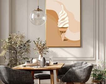 Minimalist Ice Cream Cone Wall Art, Boho Neutral Kitchen Decor, Soft Serve Abstract Canvas Print, Scandinavian Beige Food Art, Framed Art