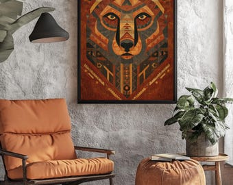 Tribal Bear Totem Canvas Art, Geometric Native Style Portrait, Earth Tone Mosaic Print