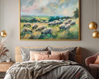 Impressionist Sheep Grazing Canvas Print, Soft Pastel Meadow Landscape Wall Art, Farmhouse Country Decor, Rustic Sheep Painting, Framed Art