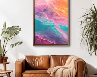 Abstract Sunset Waves Canvas Art, Ethereal Flowing Modern Decor, Vibrant Sky Print (Framed Canvas)