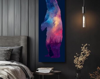 Galaxy Bear Silhouette Canvas Art, Starry Night Forest Wall Decor, Framed Print