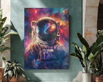 Astronaut Space Galaxy Oil Painting, Colorful Nebula Wall Art, Futuristic Cosmic Canvas Print, Astronaut Helmet Reflection Framed Art