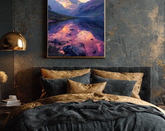 Vibrant Mountain Lake Sunset Print, Ethereal Reflection Wall Decor