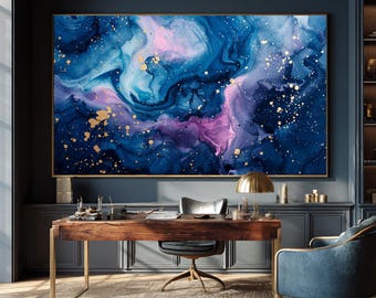 Abstract Galaxy Nebula wall art, Blue Purple Pink Space Wall Art, Gold Splatter Celestial Canvas Print, Modern Cosmic Home Decor