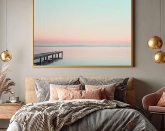 Minimalist Pastel Lake Seascape Canvas Art, Serene Pier Wall Decor