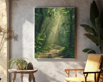 Forest Path in Rain Canvas Wall Art Sunbeams Nature Print Green Woodland Landscape Decor Framed Forest Photography Large Wall Decor