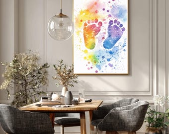 Rainbow Baby Footprints Watercolor Art, Colorful Nursery Wall Decor, Infant Feet Canvas Print, Newborn Baby Shower Gift, Framed Artwork