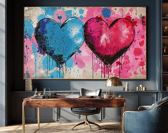Pop Art Neon Hearts Canvas Wall Art Graffiti Heart Print Pink Blue Urban Decor Modern Abstract Street Art Framed Large Heart Canvas Decor