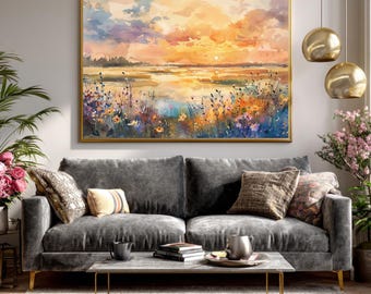 Watercolor Wildflower Field Sunset Print – Soft Pastel Meadow Landscape Poster