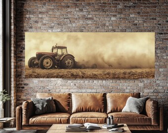 Vintage Red Tractor Canvas Wall Art, Rustic Farmhouse Decor, Sepia Tone Country Landscape, Large Framed Canvas Print, Farmer Gift Idea