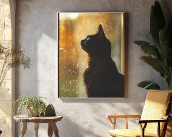 Black Cat Silhouette Watching Rain Wall Art, Golden Hour Window Canvas Print, Cozy Feline Home Decor, Moody Cat Lover Gift, Framed Art