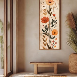 Impression botanique folklorique scandinave, toile florale nordique, art haut et étroit ton terre